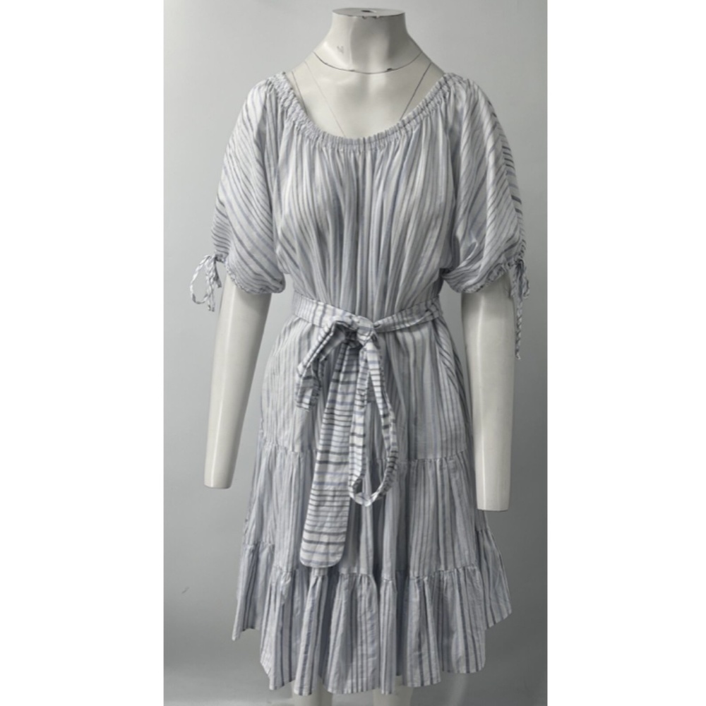 Loup Charmant Blue/White Striped Belted Tiered Cotton/Linen Dress sz M